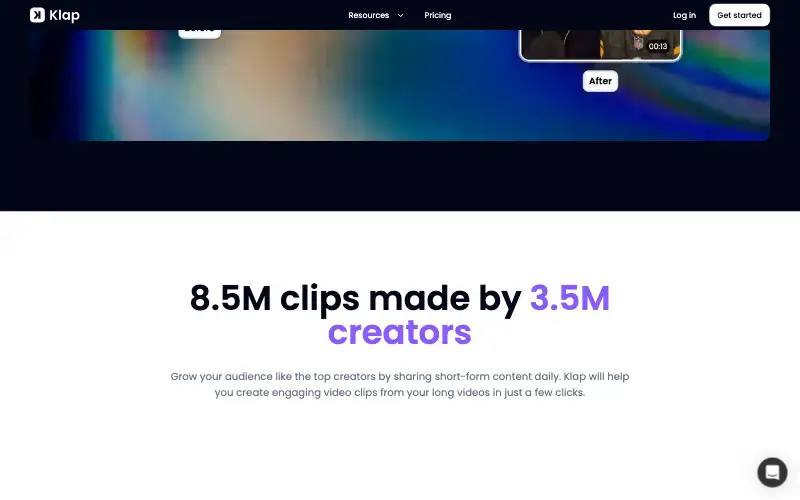 Screenshot of klap.app, further down the homepage