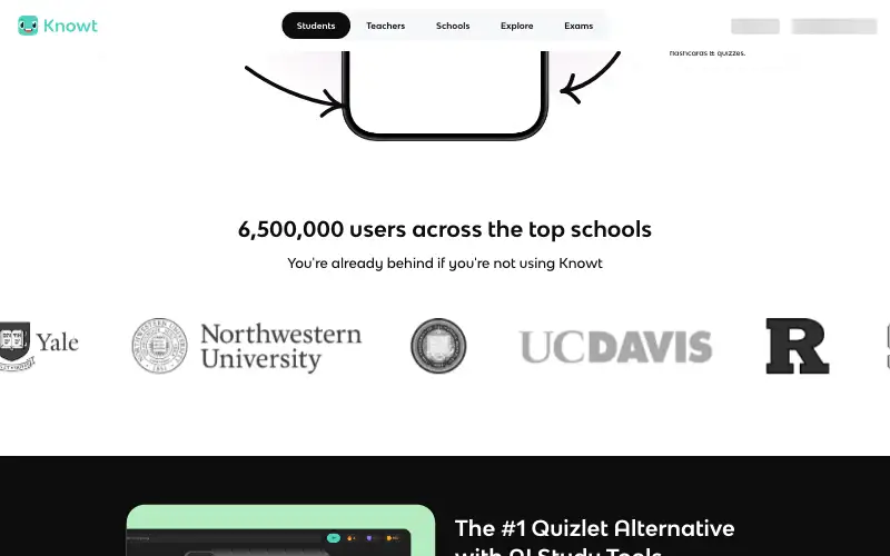 Screenshot of knowt.com, further down the homepage