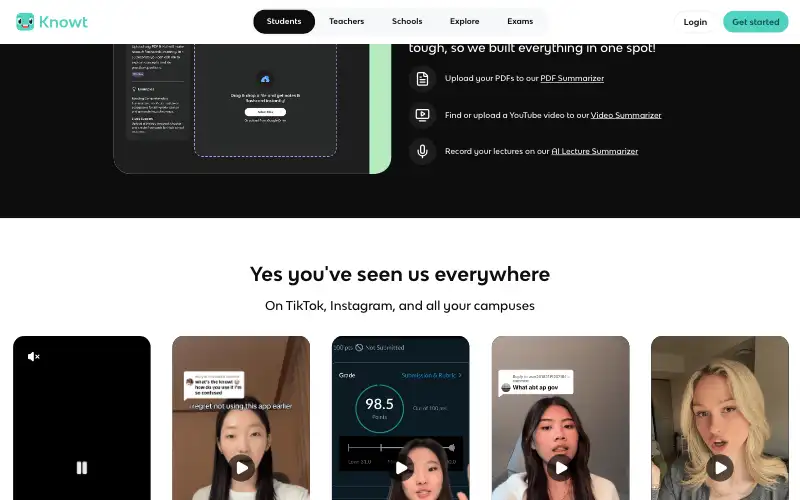 Screenshot of knowt.com, further down the homepage