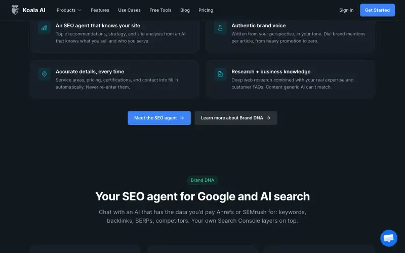 Screenshot of koala.sh, further down the homepage