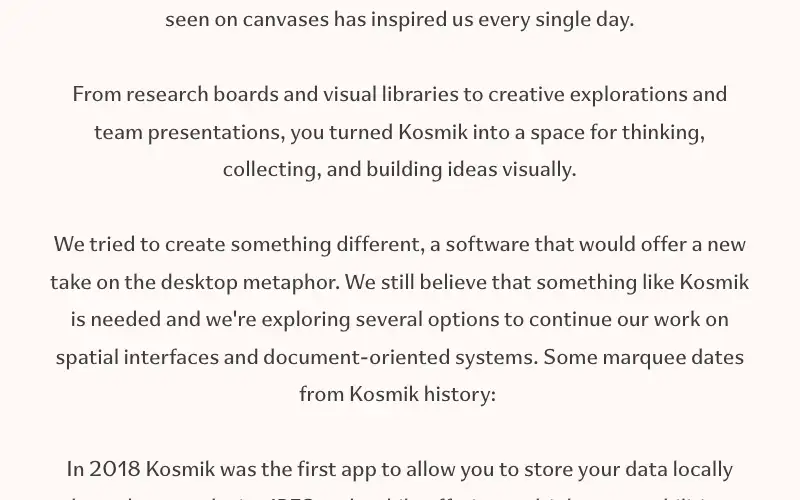 Screenshot of kosmik.app, further down the homepage