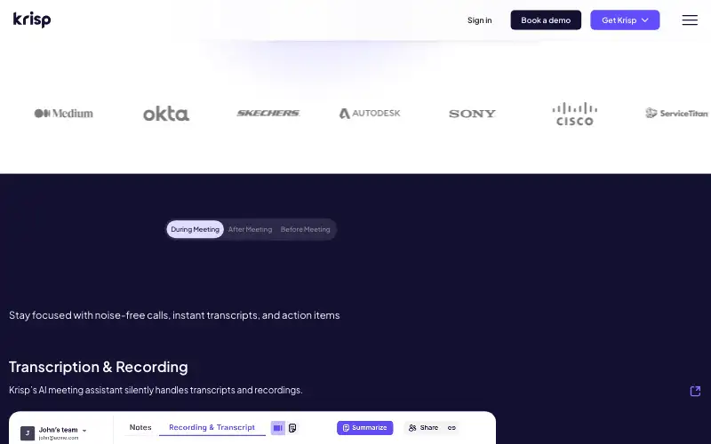 Screenshot of krisp.ai, further down the homepage