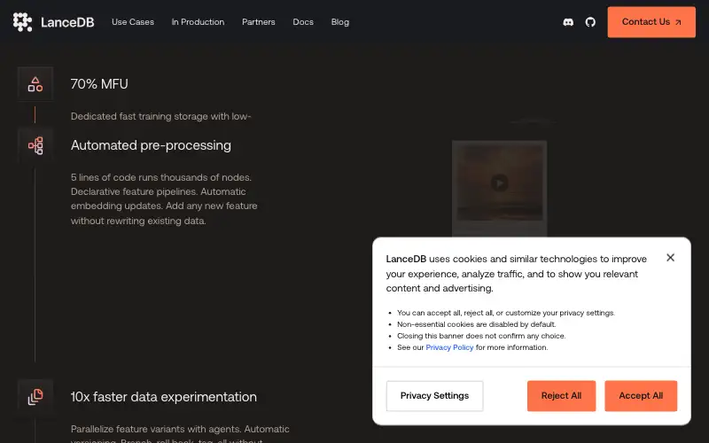 Screenshot of lancedb.com, further down the homepage