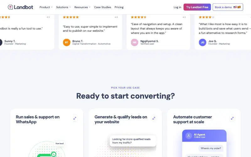 Screenshot of landbot.io, further down the homepage