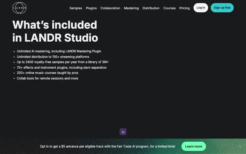 Screenshot of landr.com, further down the homepage