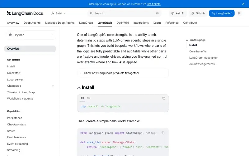 Screenshot of langchain-ai.github.io, further down the homepage