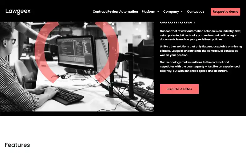 Screenshot of lawgeex.com, further down the homepage