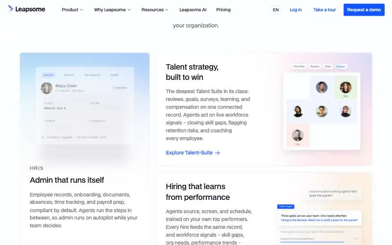 Screenshot of leapsome.com, further down the homepage