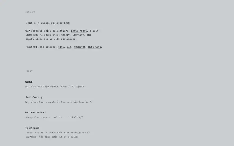 Screenshot of letta.com, further down the homepage