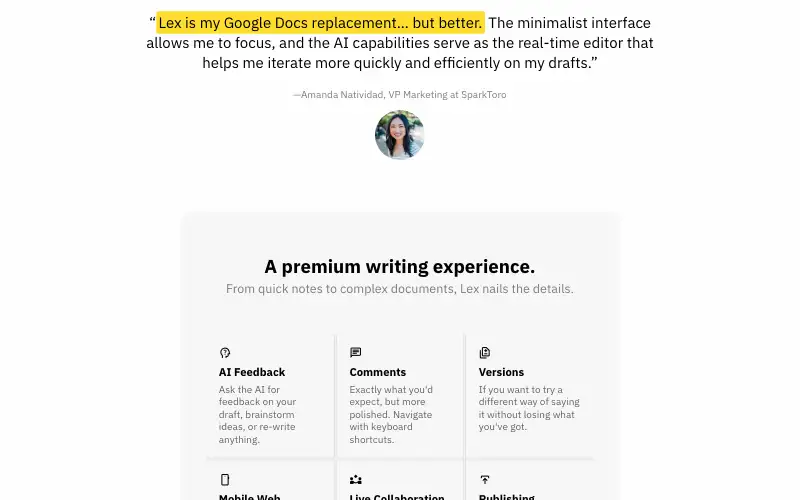 Screenshot of lex.page, further down the homepage