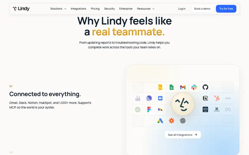 Screenshot of lindy.ai, further down the homepage