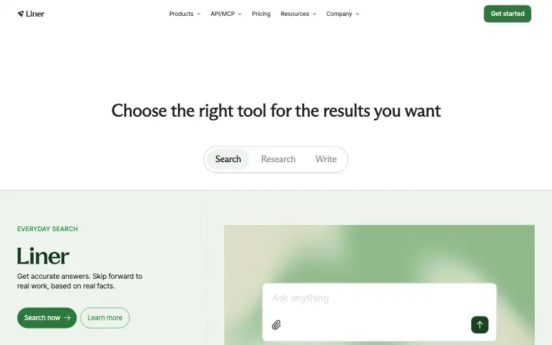 Screenshot of liner.com, further down the homepage