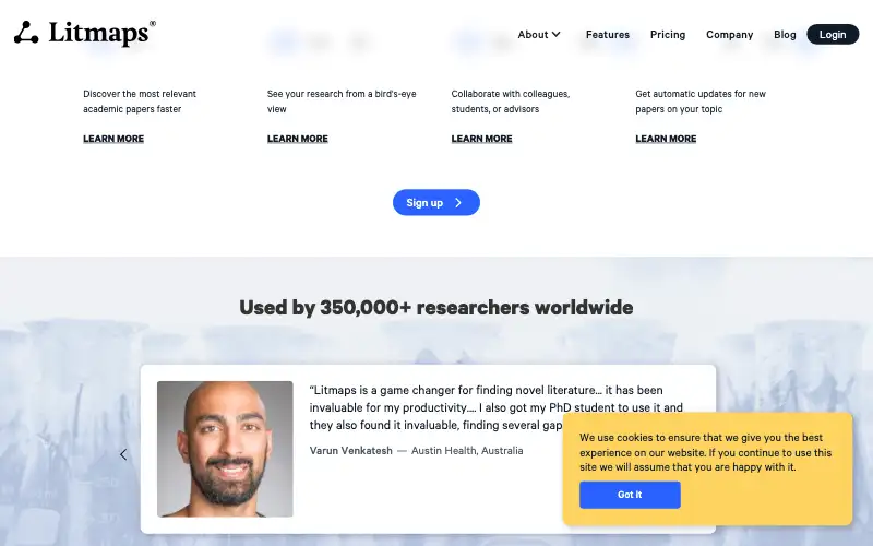 Screenshot of litmaps.com, further down the homepage