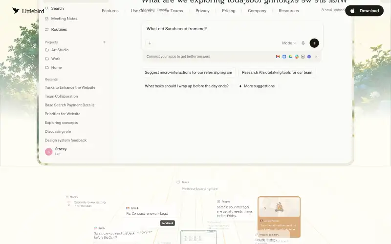 Screenshot of littlebird.ai, further down the homepage