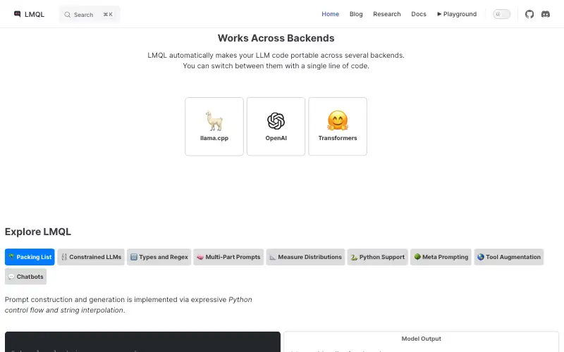 Screenshot of lmql.ai, further down the homepage