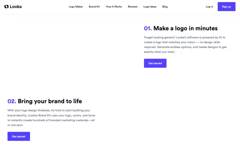 Screenshot of looka.com, further down the homepage