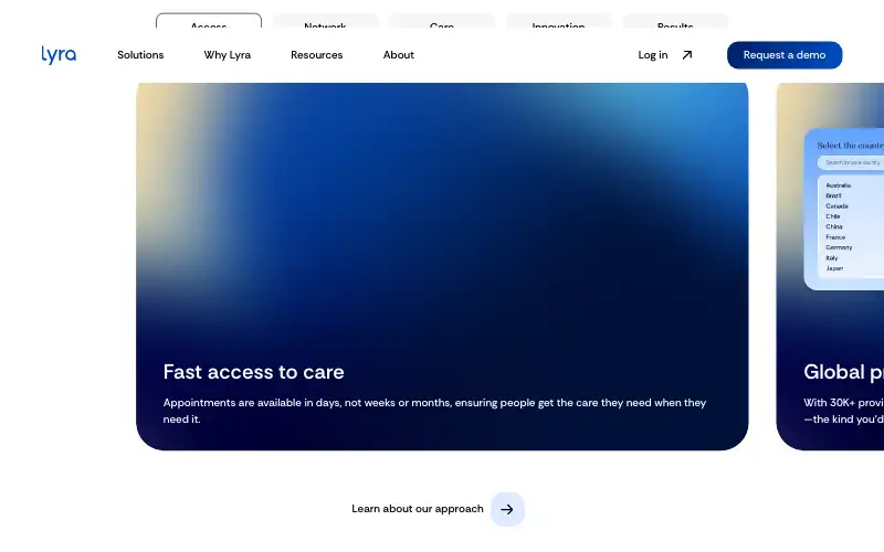 Screenshot of lyrahealth.com, further down the homepage