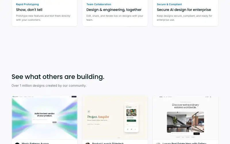 Screenshot of magicpatterns.com, further down the homepage