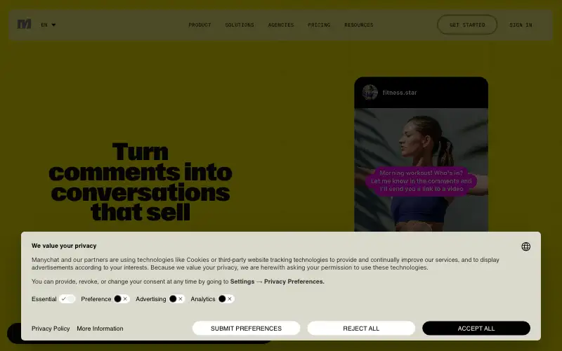 Screenshot of manychat.com, further down the homepage