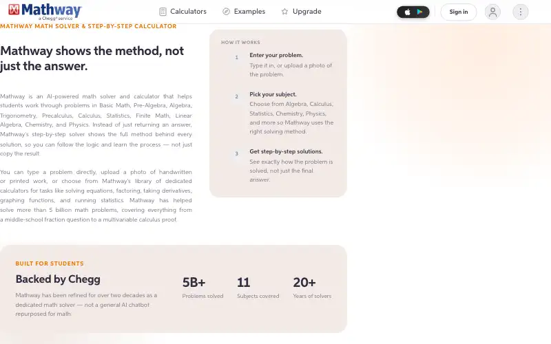 Screenshot of mathway.com, further down the homepage