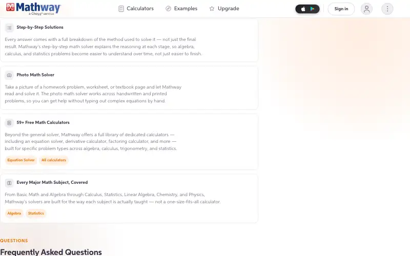 Screenshot of mathway.com, further down the homepage