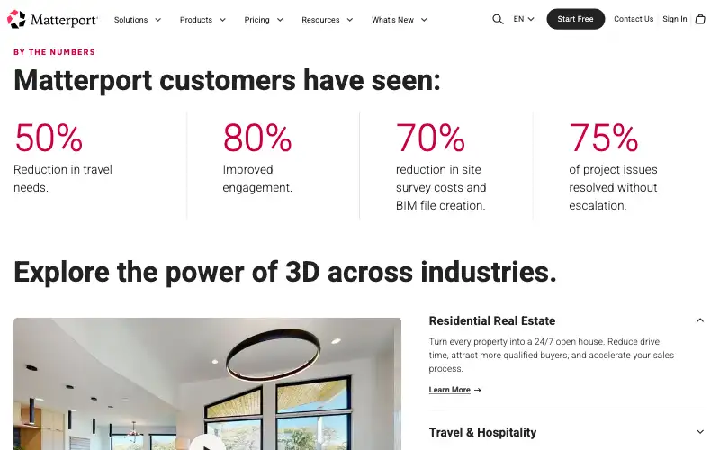 Screenshot of matterport.com, further down the homepage