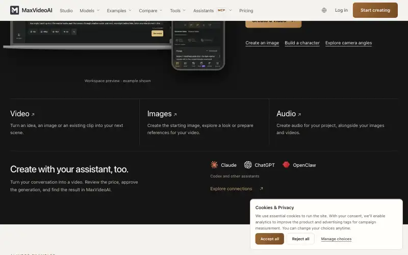 Screenshot of maxvideoai.com, further down the homepage