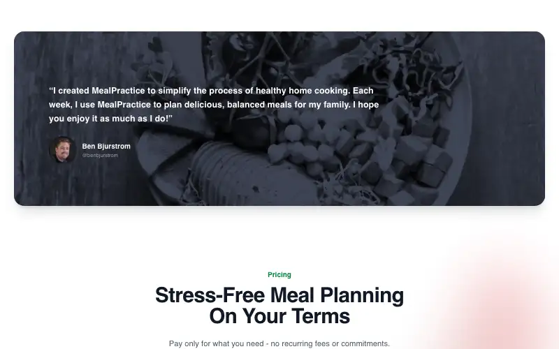 Screenshot of mealpractice.com, further down the homepage