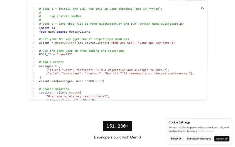 Screenshot of mem0.ai, further down the homepage