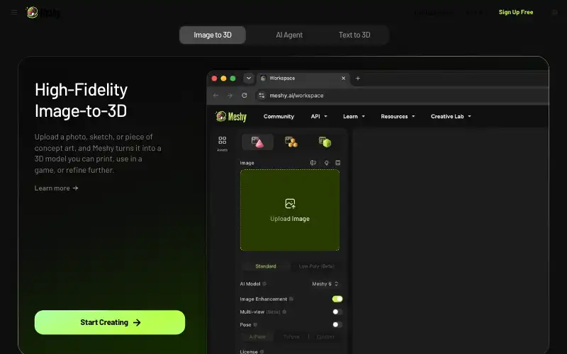 Screenshot of meshy.ai, further down the homepage