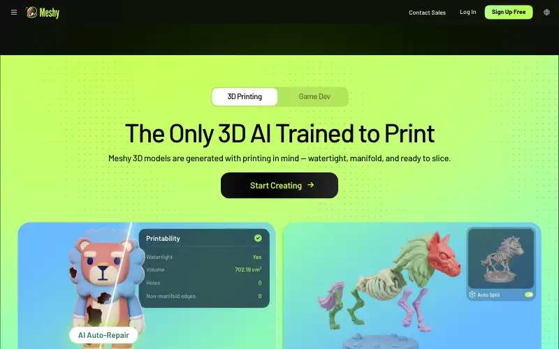 Screenshot of meshy.ai, further down the homepage