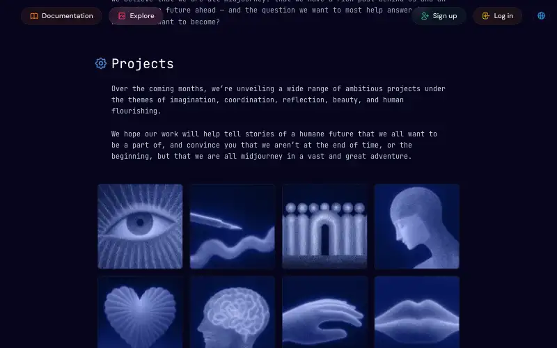 Screenshot of midjourney.com, further down the homepage