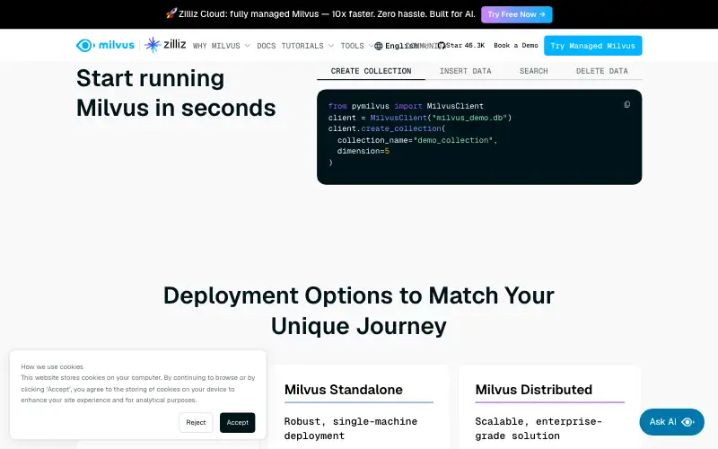 Screenshot of milvus.io, further down the homepage