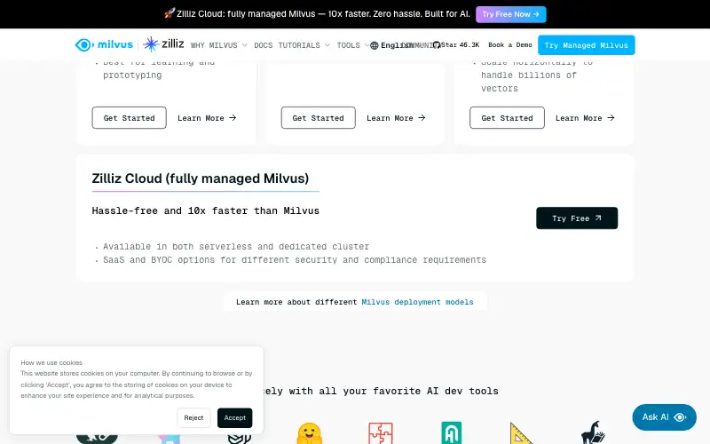 Screenshot of milvus.io, further down the homepage