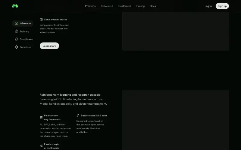 Screenshot of modal.com, further down the homepage