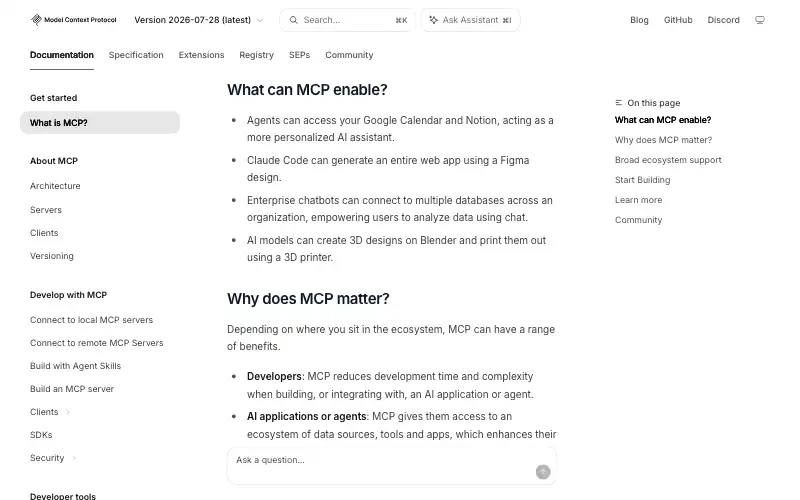Screenshot of modelcontextprotocol.io, further down the homepage