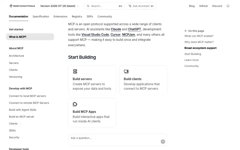 Screenshot of modelcontextprotocol.io, further down the homepage