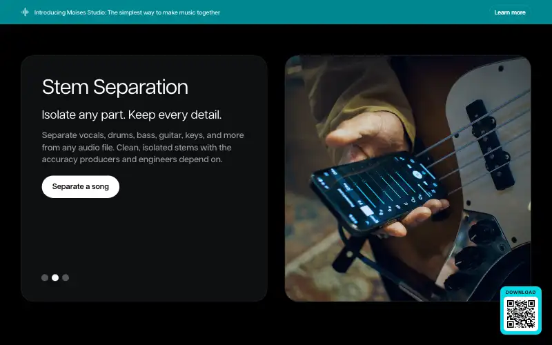 Screenshot of moises.ai, further down the homepage