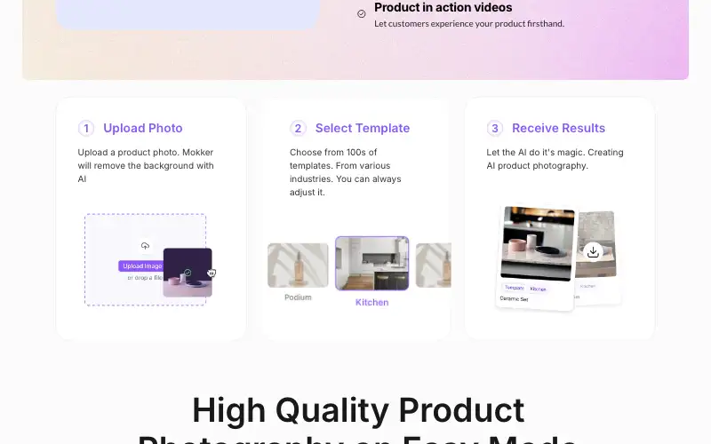 Screenshot of mokker.ai, further down the homepage