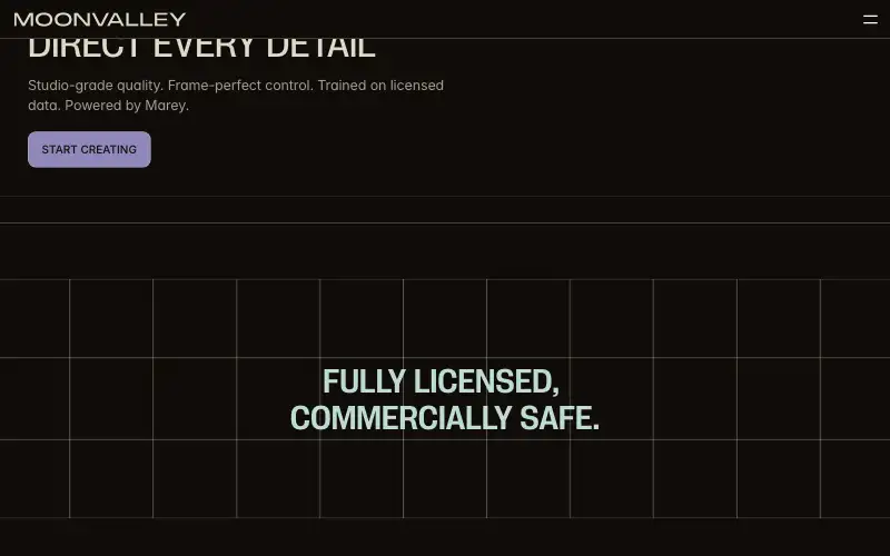 Screenshot of moonvalley.com, further down the homepage