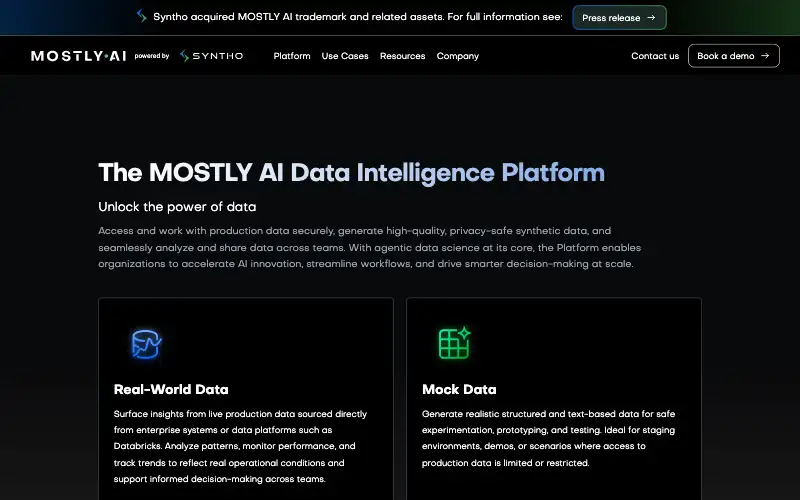 Screenshot of mostly.ai, further down the homepage