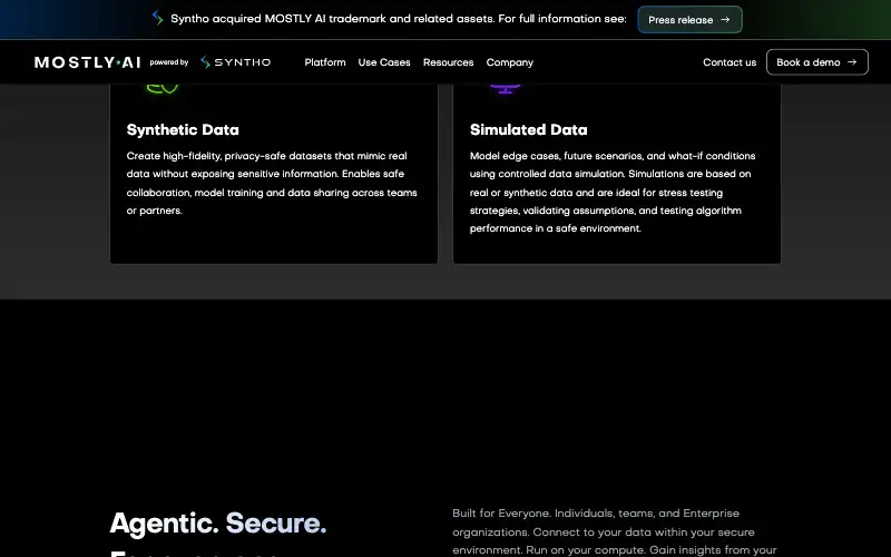 Screenshot of mostly.ai, further down the homepage