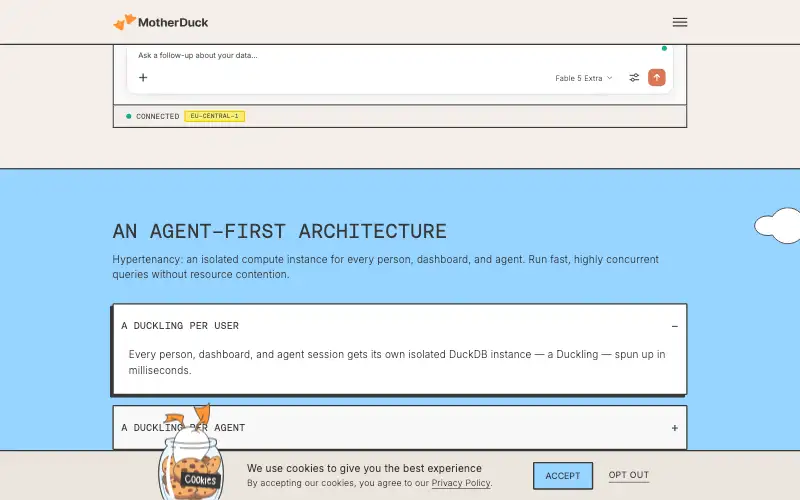 Screenshot of motherduck.com, further down the homepage