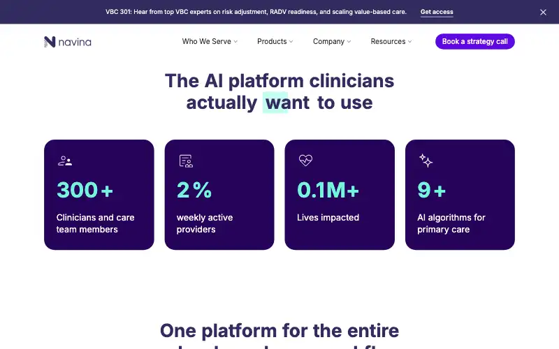 Screenshot of navina.ai, further down the homepage
