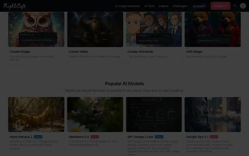 Screenshot of creator.nightcafe.studio, further down the homepage