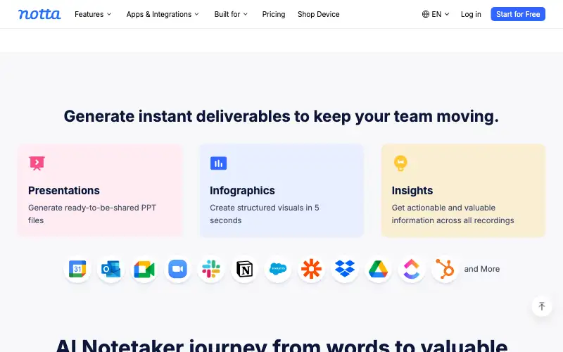 Screenshot of notta.ai, further down the homepage