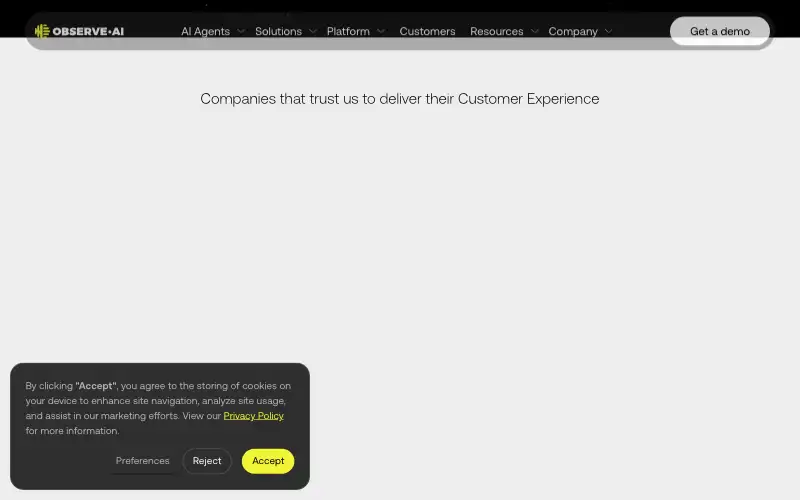 Screenshot of observe.ai, further down the homepage