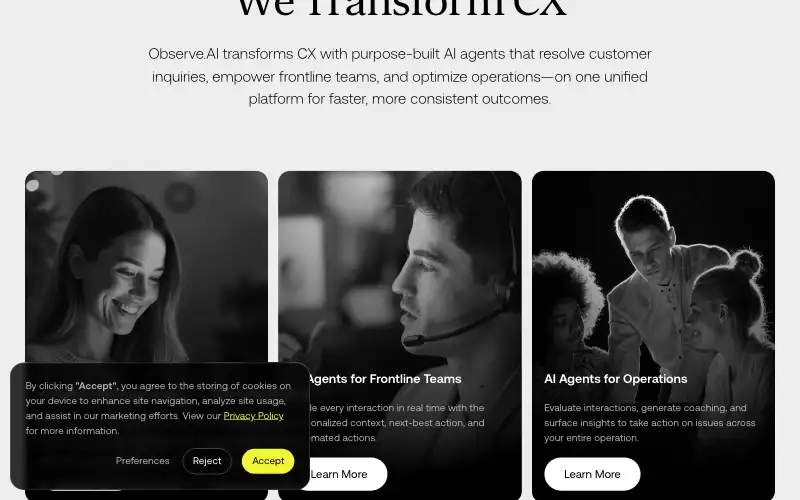Screenshot of observe.ai, further down the homepage