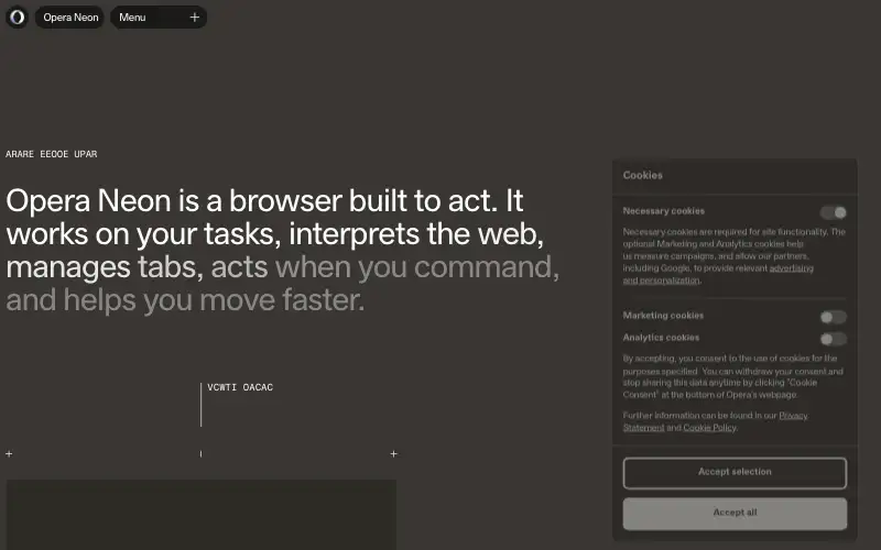 Screenshot of operaneon.com, further down the homepage