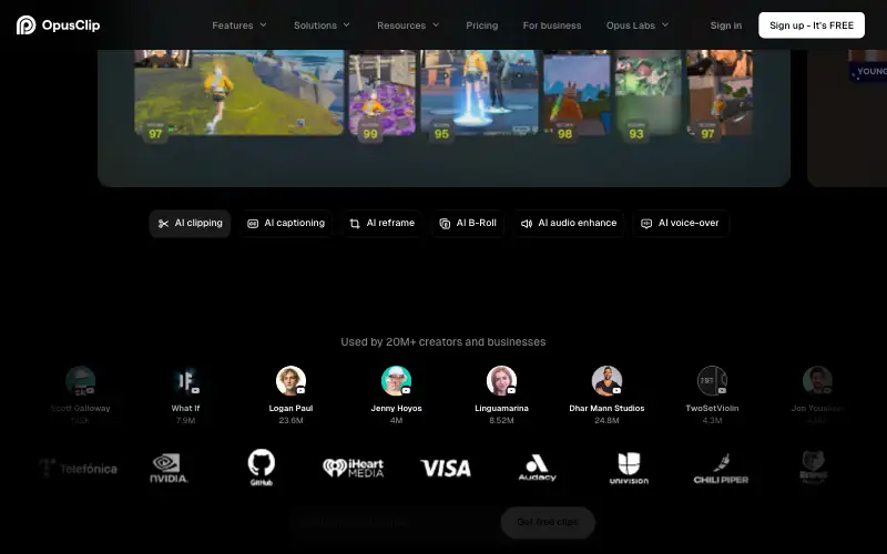 Screenshot of opus.pro, further down the homepage